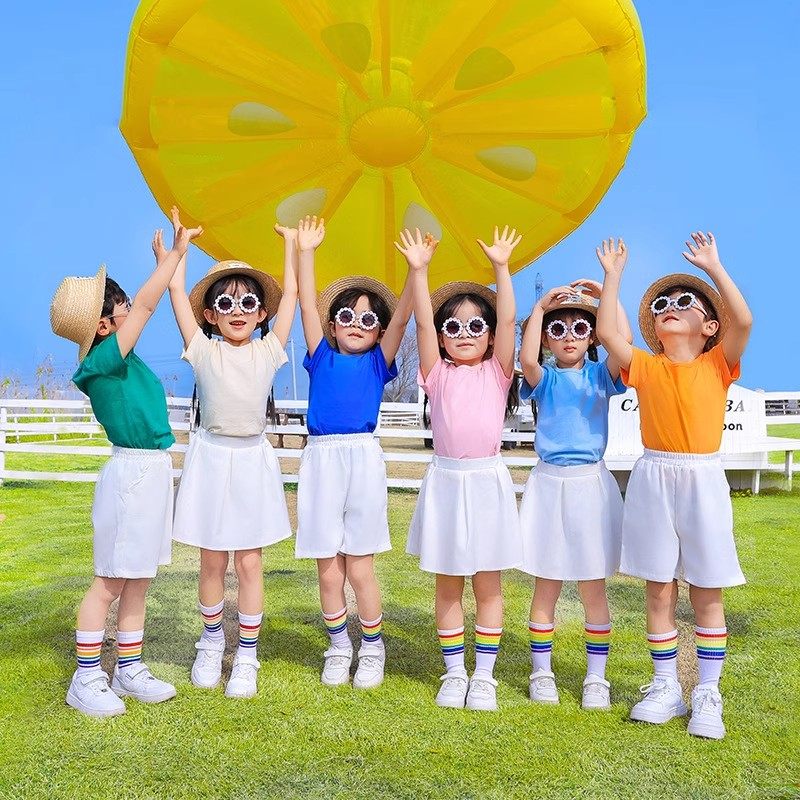 儿童彩色啦啦队演出服夏季幼儿园六一表演服男女童糖果色短袖T恤,淘宝优惠券,粉丝福利购,淘宝优惠卷