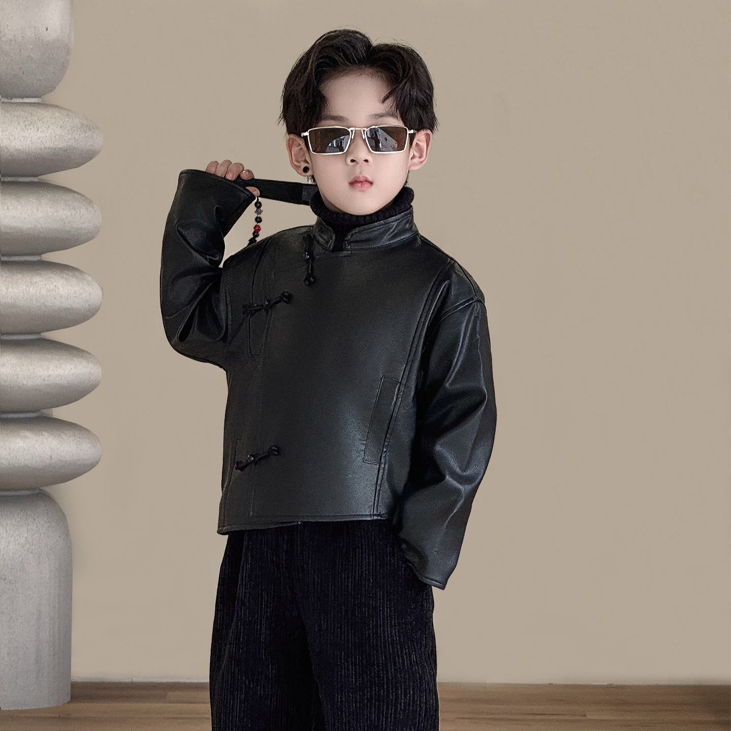 儿童皮衣外套2025秋冬新款帅气男孩国风皮夹克上衣男童高级感外套,淘宝优惠券,粉丝福利购,淘宝优惠卷