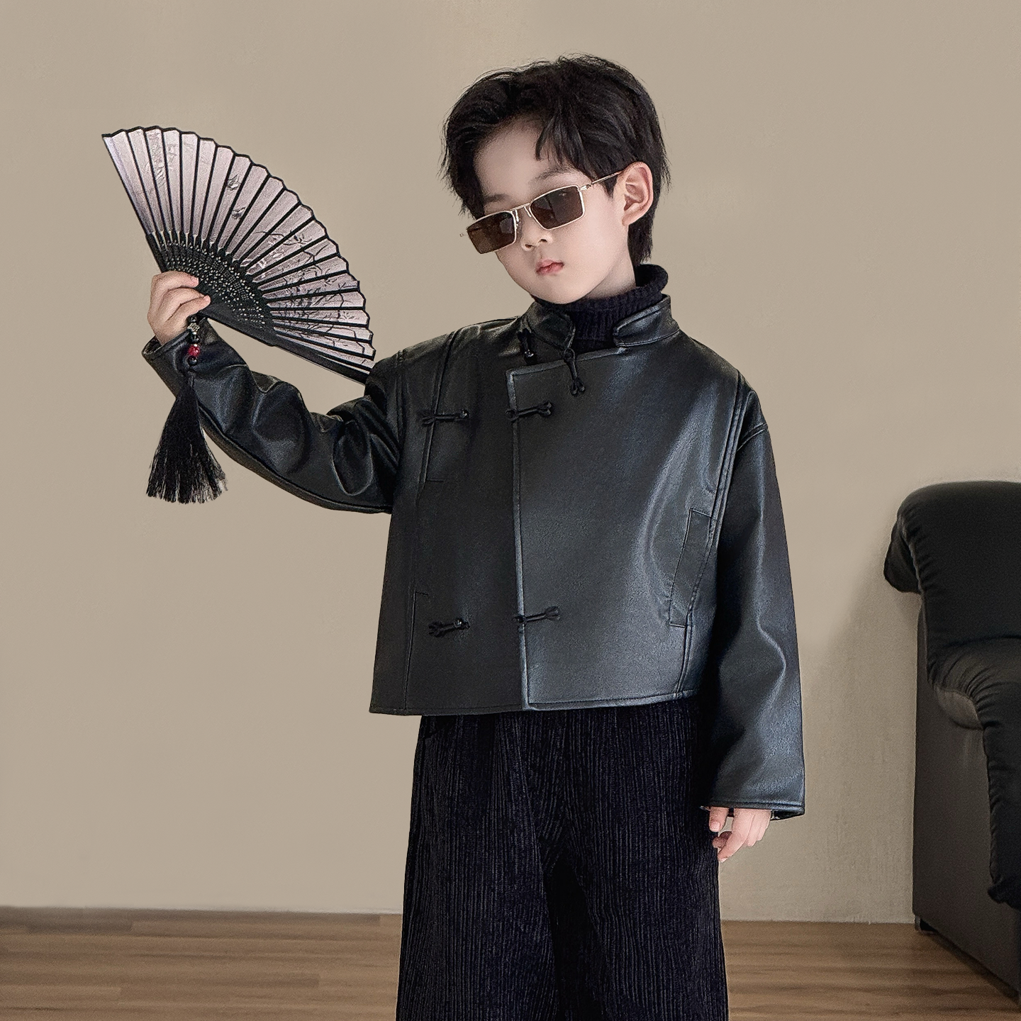 儿童皮衣外套2025秋冬新款帅气男孩国风皮夹克上衣男童高级感外套,淘宝优惠券,粉丝福利购,淘宝优惠卷