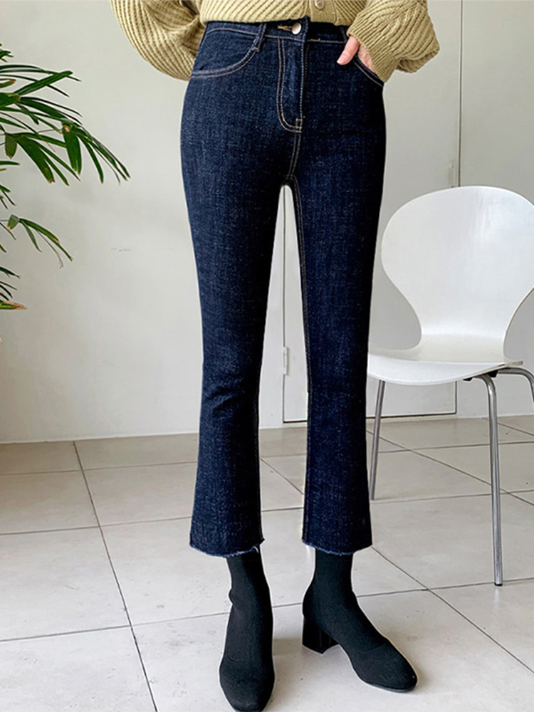 深蓝色微喇牛仔裤女士2023春季新款弹力高腰显瘦小个子九分喇叭裤