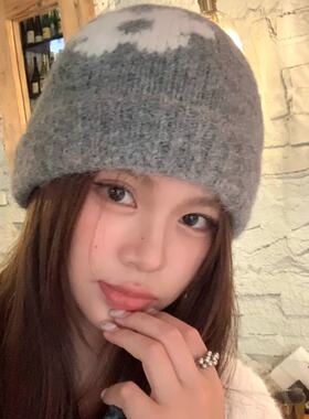 韩版灰色花朵毛线帽女秋冬季