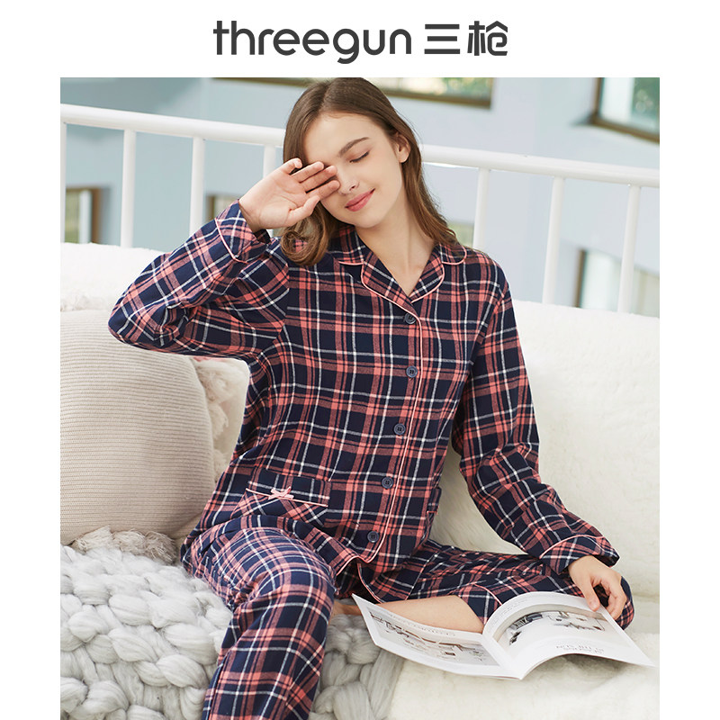 三枪男春秋纯棉格纹休闲翻领睡衣 三枪家居睡衣/家居服套装