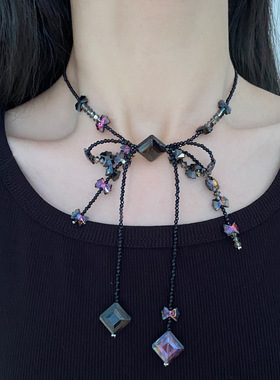 复古手工黑紫色水晶蝴蝶结流苏项链时尚简约潮流锁骨链颈链配饰女