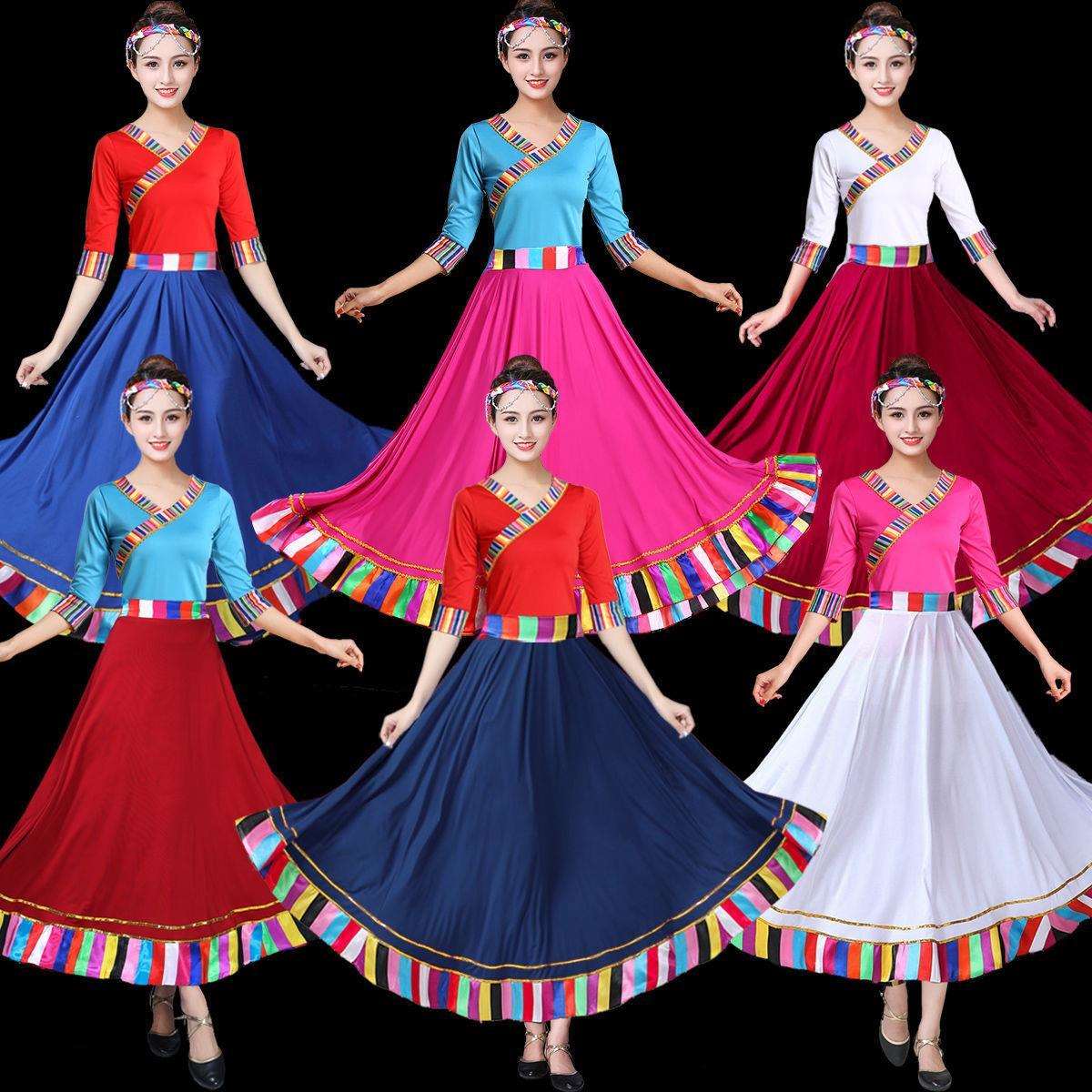 新款民族风藏族创意广场舞女藏族舞蹈演出服装练习大摆半身裙上衣 - 图0