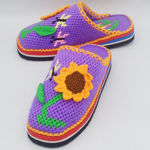 拖鞋女24新款婚鞋 纯手工毛线鞋钩织编织室内家居女鞋成品向日葵 - 图0