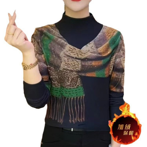 原版正品2026秋冬季新款半高领假围巾烫钻打底衫上衣小衫 - 图3