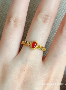 2025古法金色花丝凤华凤舒红宝石戒指女复古卷草纹碧玺彩宝红玉髓