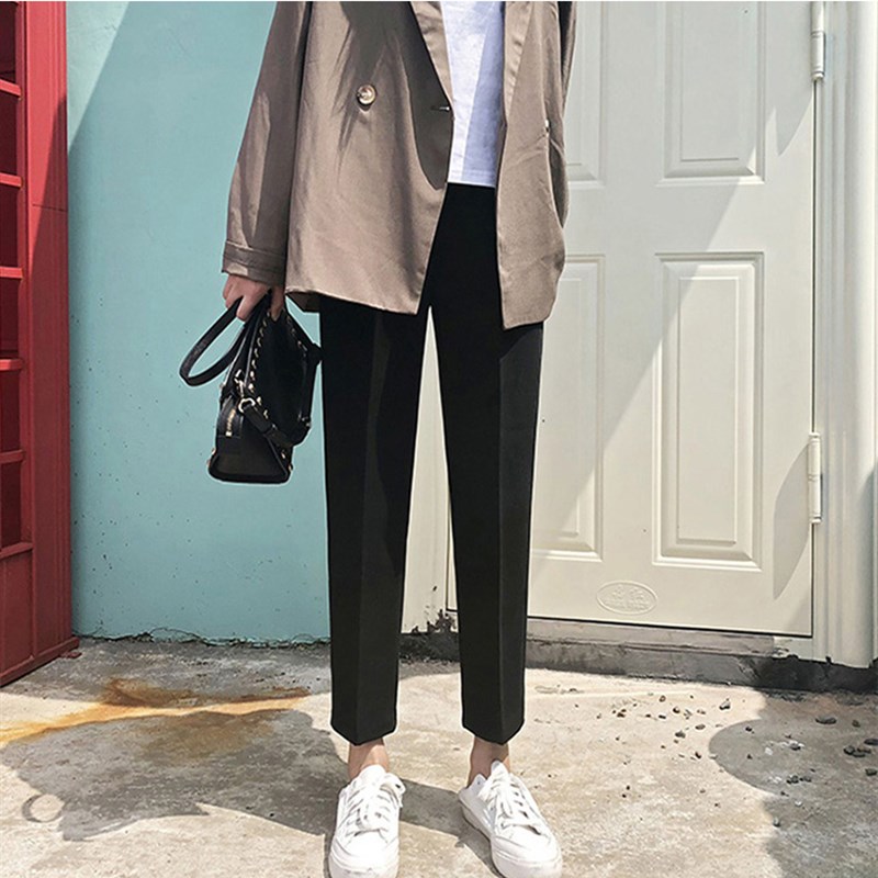 春秋垂感宽松直筒休闲黑色烟管西装裤H女夏显瘦百搭小脚九分哈伦