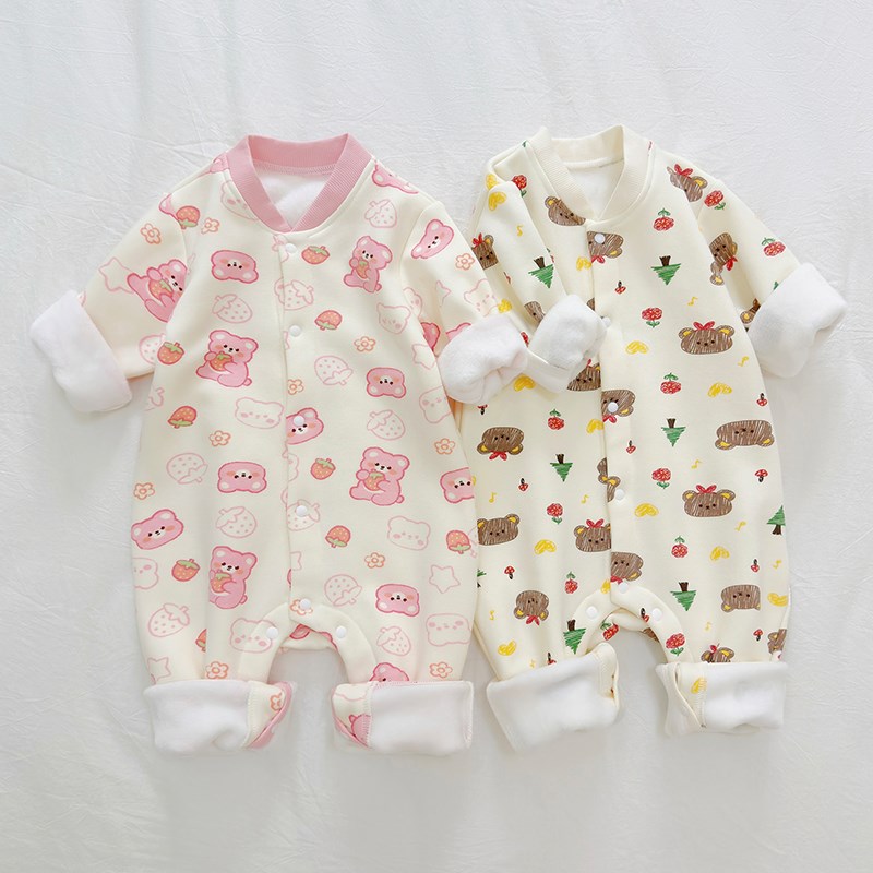 婴儿加绒保暖哈衣男童女童秋季加厚爬服连体衣新生宝宝秋冬装睡衣 - 图0