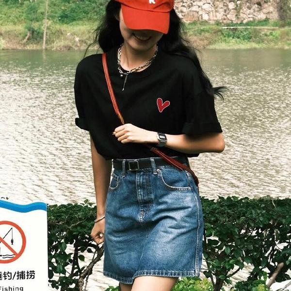 代购sly爱心印花白色短袖t恤女2025夏季新款宽松半袖体恤纯棉上衣 - 图0