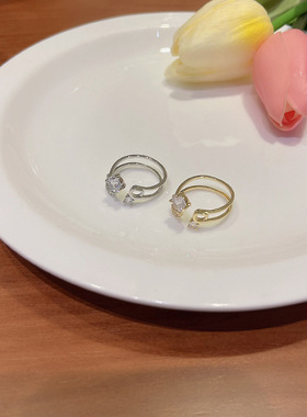 韩国新款高级设计感别针锆石戒指女精致微镶开口可调节食指戒指环