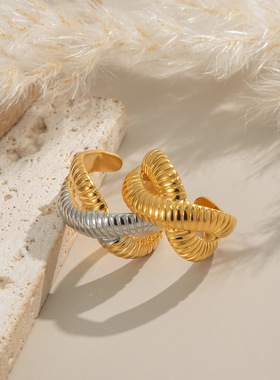 跨境拼色螺纹18K真金戒指