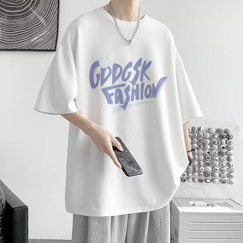 短袖男士t恤潮牌夏季设计感小众潮流ins圆领宽松学生上衣服体恤 - 图1