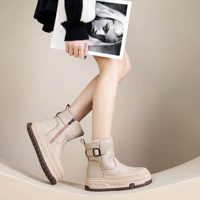 香港真皮雪地靴女2025冬季新款加绒加厚东北大棉鞋厚底防滑马丁靴 - 图2