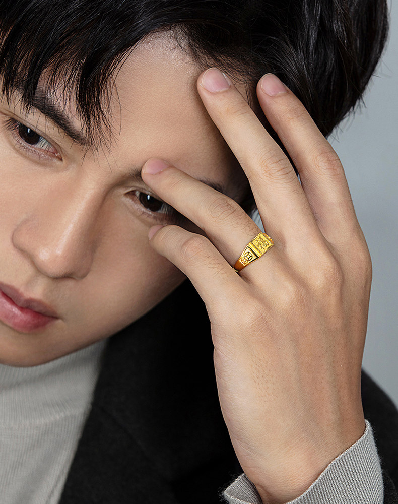 男士纯金9999足金金包银黄金戒指 和睦一生戒指/指环