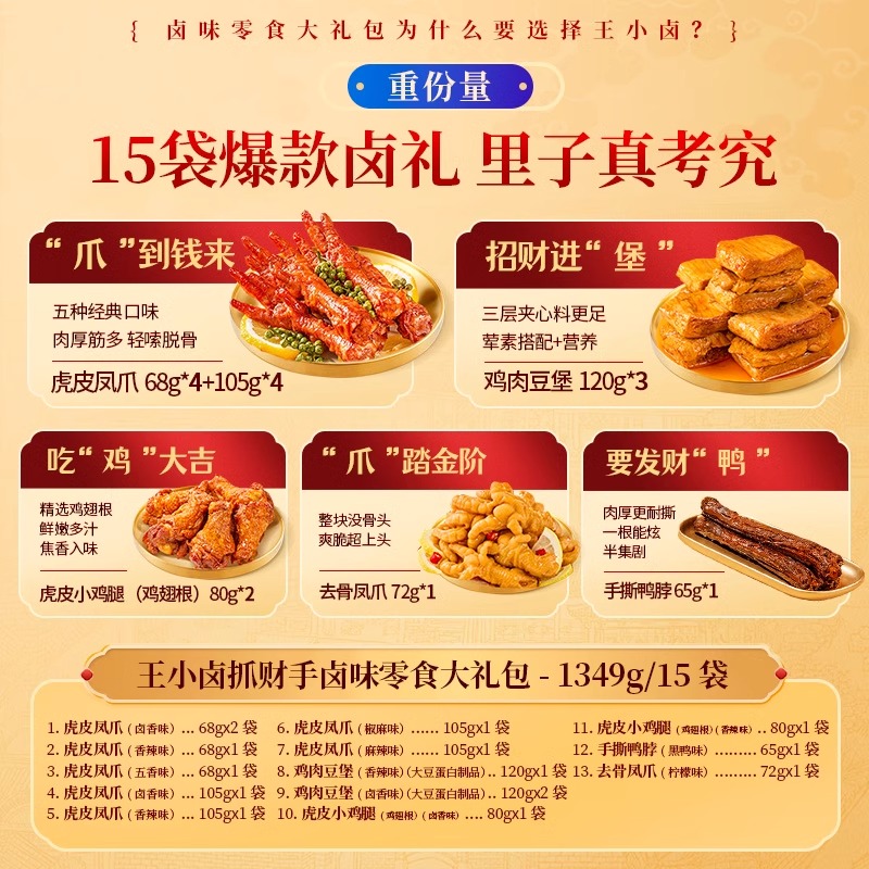 王小卤抓财手礼盒1349g 鸡爪卤味零食大礼包即食熟食休闲小吃礼盒