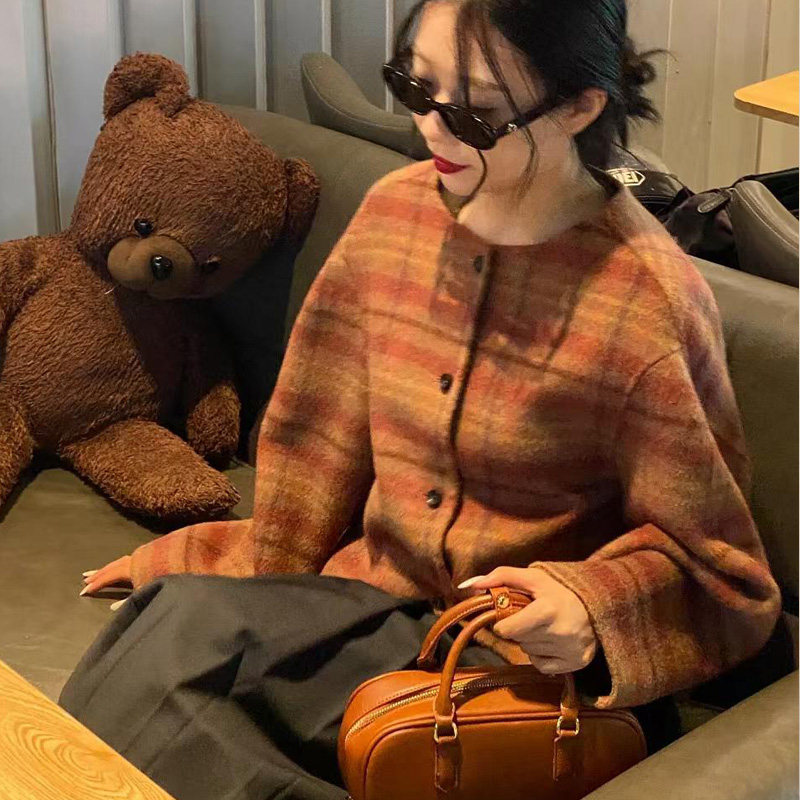 高级感格子双面羊绒大衣女短款韩版小香风单排扣圆领羊毛毛呢外套,淘宝优惠券,粉丝福利购,淘宝优惠卷