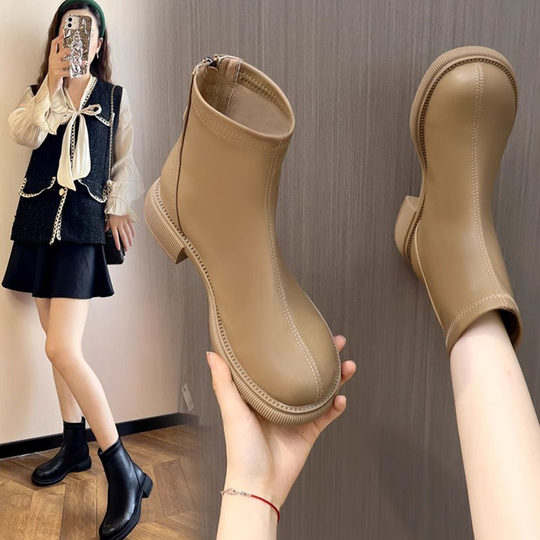 Genuine leather flat martin boots for women 2025 autumn and winter new super hot french ankle boots apricot small size slim short boots