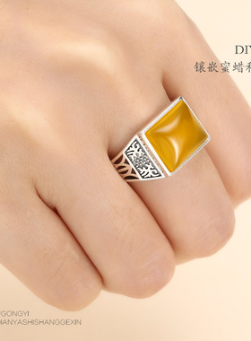 diy纯银绿松石蜜蜡方形戒指空托