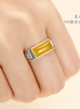 纯银复古戒指空托镶嵌南红绿松石