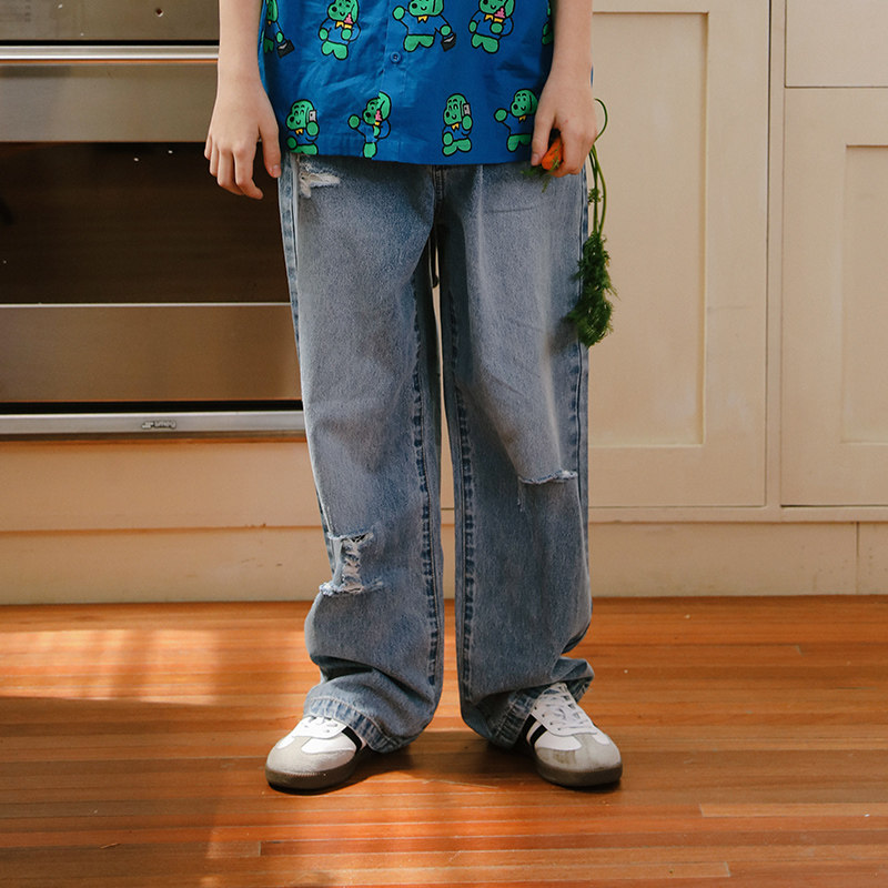 TYAKASHAKID塔卡沙童装裤子男女童水洗牛仔长裤儿童破洞牛仔裤