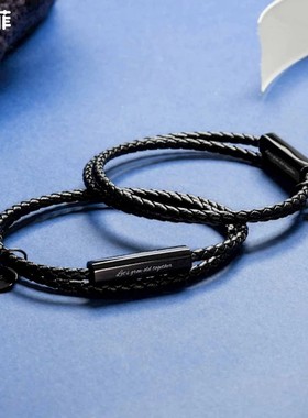 简约不锈钢磁吸手链情侣手环一对可刻字黑色皮革手绳情人节礼物