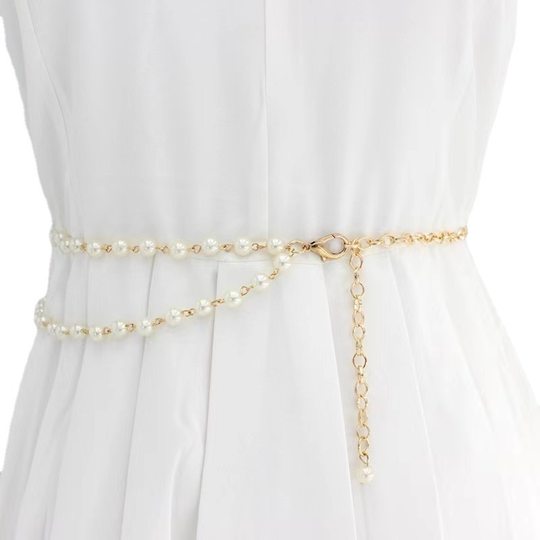 Cinturón, cadena de mujeres, cadena de cintura, decoración de perlas finas, vestido versátil, estilo coreano, falda de cinturón de metal de moda
