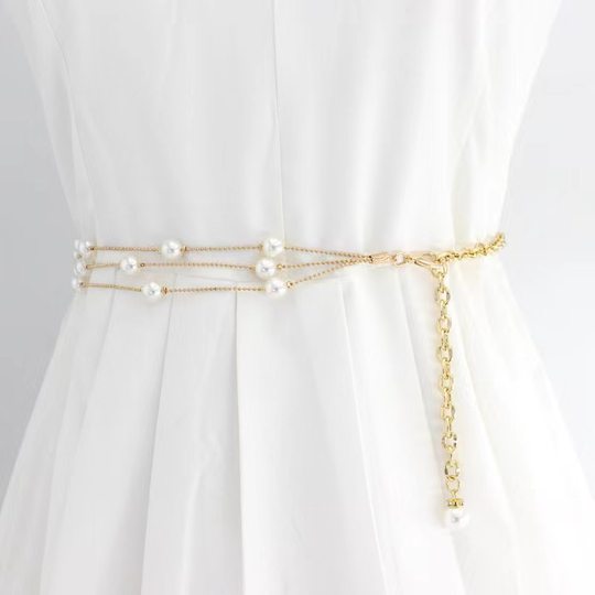 Cinturón, cadena de mujeres, cadena de cintura, decoración de perlas finas, vestido versátil, estilo coreano, falda de cinturón de metal de moda