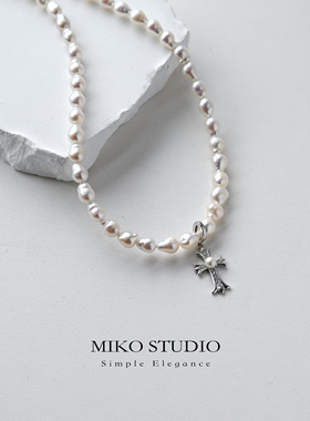 春夏新款珍珠项链淡水巴洛克十字架吊坠银颈链女简约高级感百搭
