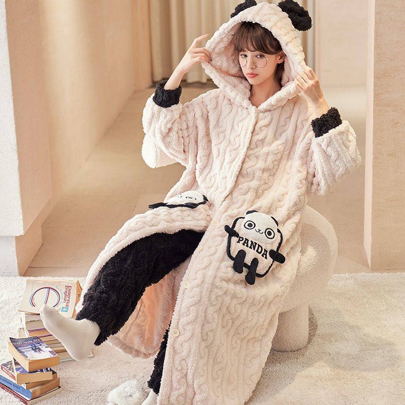 珊瑚绒睡袍女秋冬季法兰绒中长款睡裙可爱加厚毛绒可外穿睡衣大码,淘宝优惠券,粉丝福利购,淘宝优惠卷