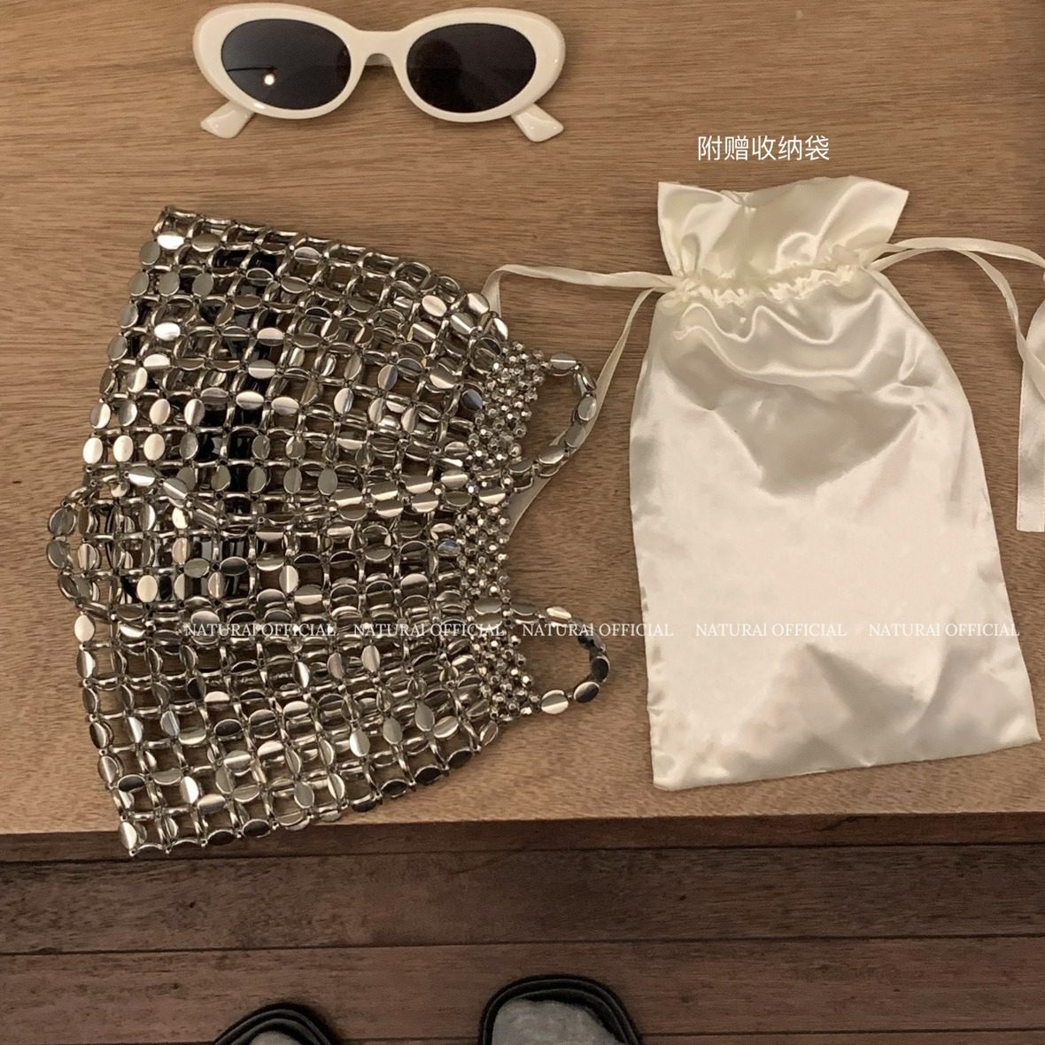 NaturalOfficial设计感银色手工串珠编织手提包夏日B备腋下单肩包,淘宝优惠券,粉丝福利购,淘宝优惠卷