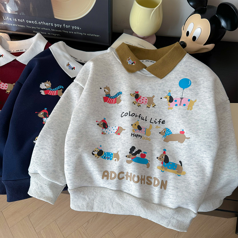 木木屋童装男童卫衣冬季绒连帽红色加厚POLO领儿童加绒冬装外套