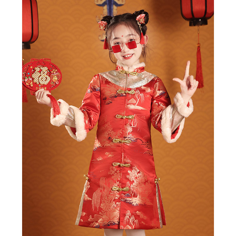 儿童唐装女童旗袍新年装中国风过年女孩花童喜庆红色拜年服装冬季,淘宝优惠券,粉丝福利购,淘宝优惠卷
