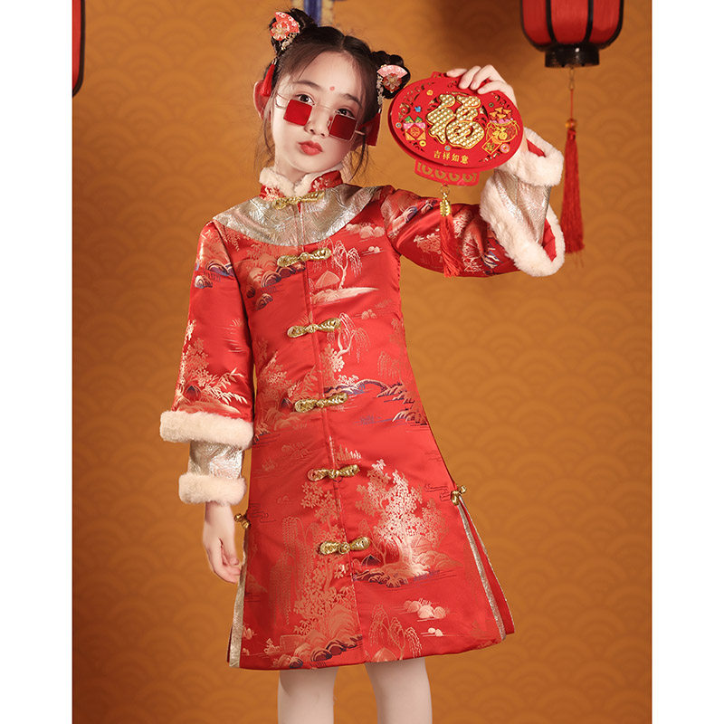 儿童唐装女童旗袍新年装中国风过年女孩花童喜庆红色拜年服装冬季,淘宝优惠券,粉丝福利购,淘宝优惠卷