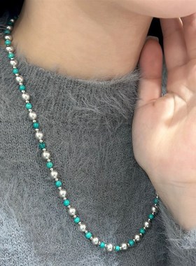 绿松石真多麻灰毛衣链女款轻奢小众高级感项链2025年新款爆款颈链