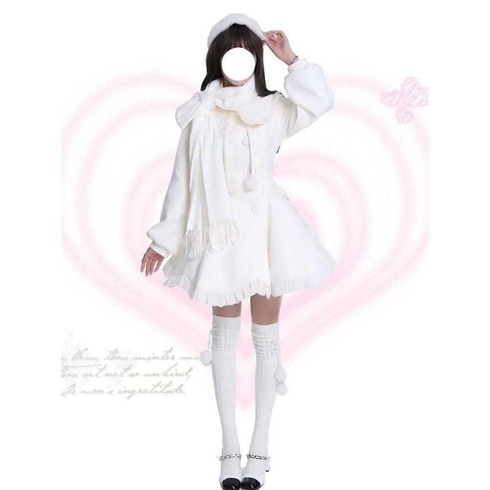 秋冬甜美风小个子围巾花边娃娃领毛球系带毛呢外套2025秋冬新款女,淘宝优惠券,粉丝福利购,淘宝优惠卷