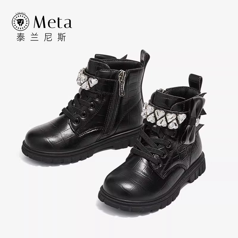 泰兰尼斯meta女童马丁靴秋冬款加绒保暖皮靴防滑软底小香风鞋靴子