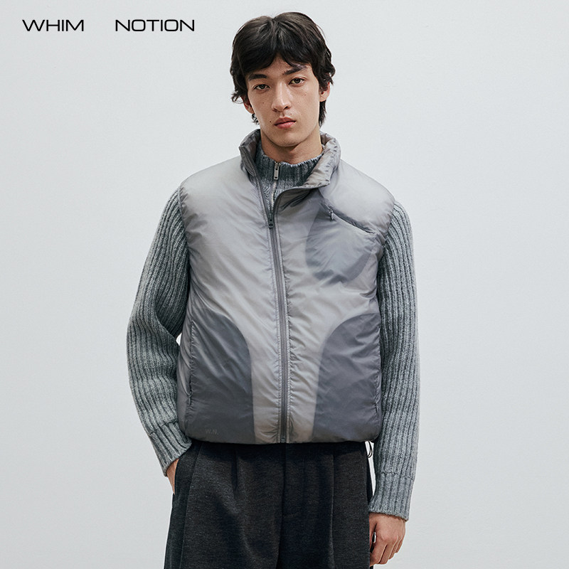 WHIMNOTION 25AW透视结构斜拉链防泼水羽绒马甲超轻量化90白鸭绒,淘宝优惠券,粉丝福利购,淘宝优惠卷
