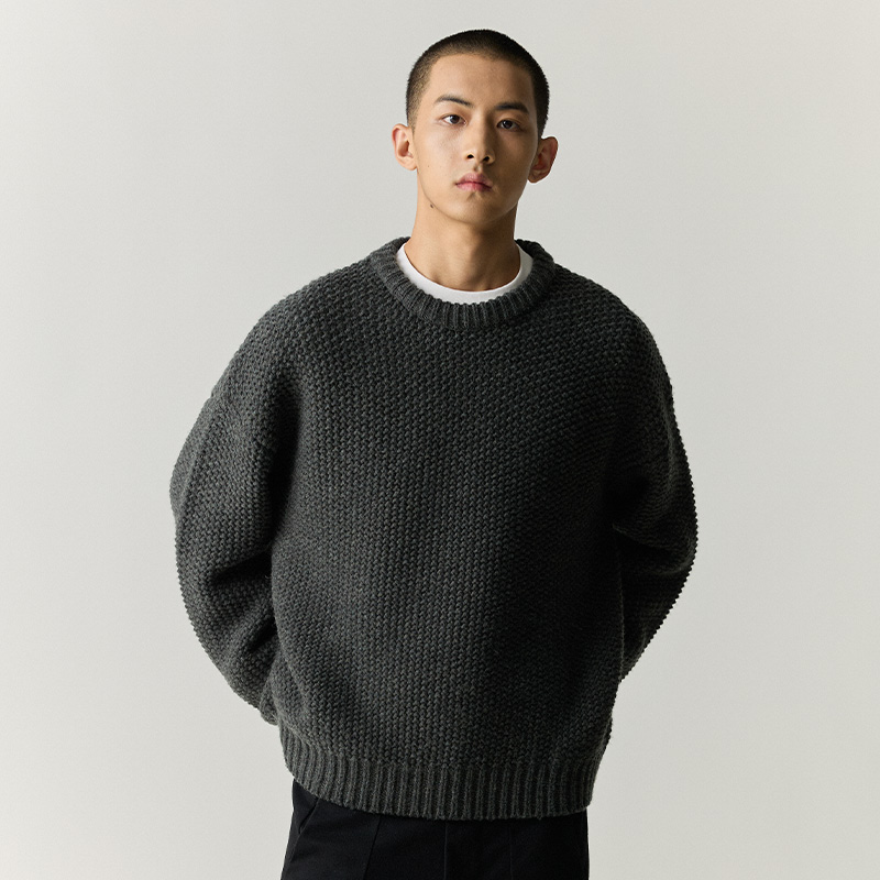 WHIMNOTION 美利奴羊毛混纺粗针重磅圆领套头毛衣百搭宽松慵懒 - 图0