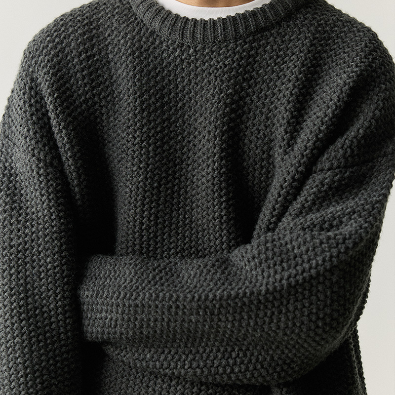 WHIMNOTION 美利奴羊毛混纺粗针重磅圆领套头毛衣百搭宽松慵懒 - 图3
