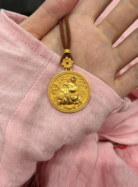 金包银古法小象圆牌编绳项链新中式简约时尚可定制繁花吊牌毛衣链