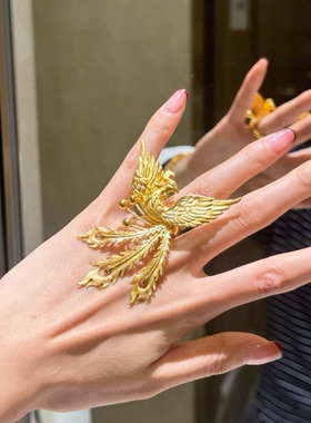 金包银凤舞九天凤凰戒指古法金色轻奢婚嫁食指戒指环送女友凤簪礼