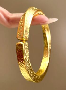 金包银莫比乌斯吉言手镯女款锤纹錾刻素圈实心开口镯子手环送女友