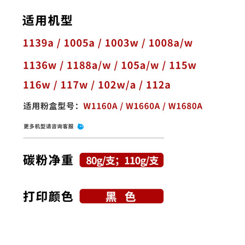适用惠普1188w碳粉1136w 1139a w1660a墨粉1005a 1003w 1008w打印机1160a w1680a硒鼓粉115w 102a 116w 117w - 图0