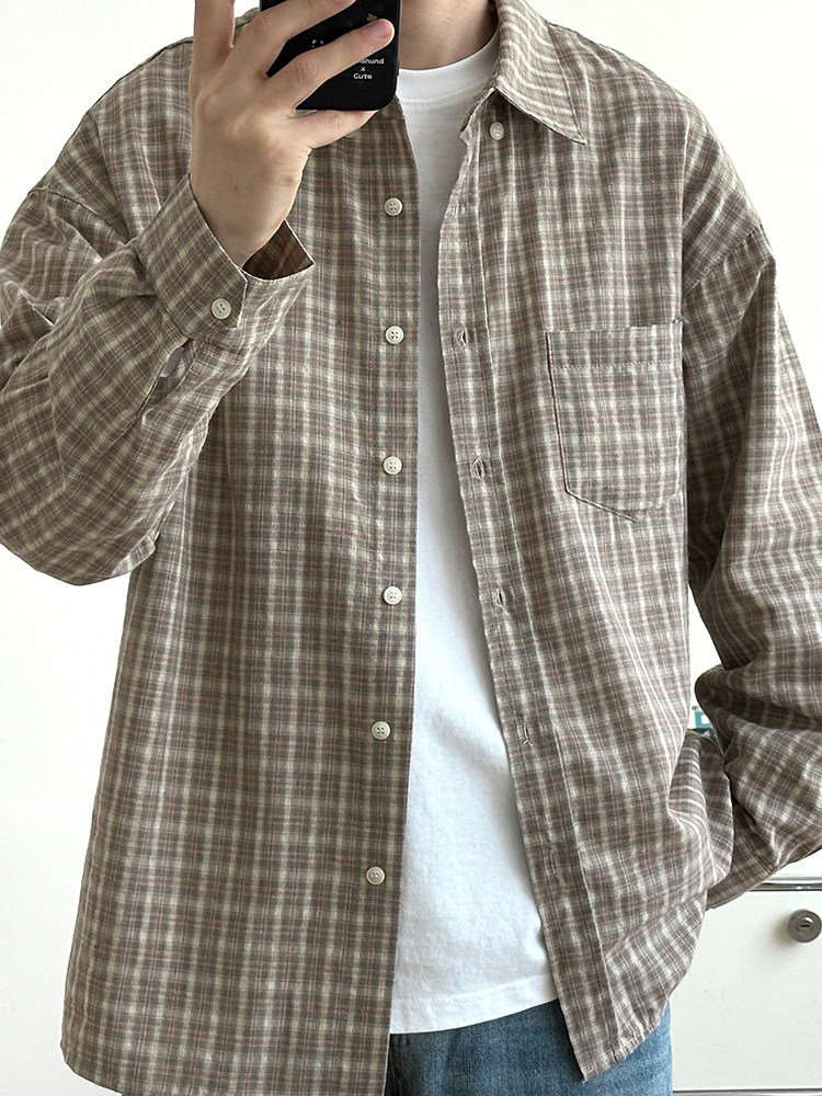 日系口袋软格子衬衫外套男长袖上衣衬衣简约宽松休闲百搭格子上衣,淘宝优惠券,粉丝福利购,淘宝优惠卷