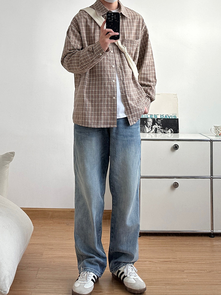 日系口袋软格子衬衫外套男长袖上衣衬衣简约宽松休闲百搭格子上衣,淘宝优惠券,粉丝福利购,淘宝优惠卷