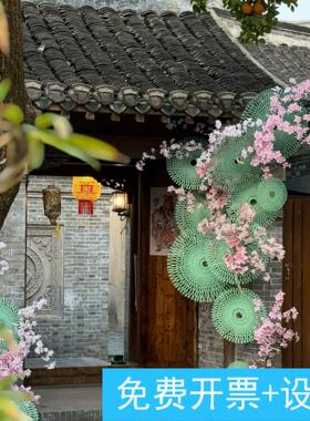 春日新中式小院氛围感背景布置创意防水浅绿色圆形竹编墙壁挂饰