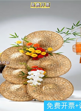 新中式斗笠花艺落地造景国风店铺开业美陈婚礼打卡仿真花装饰道具