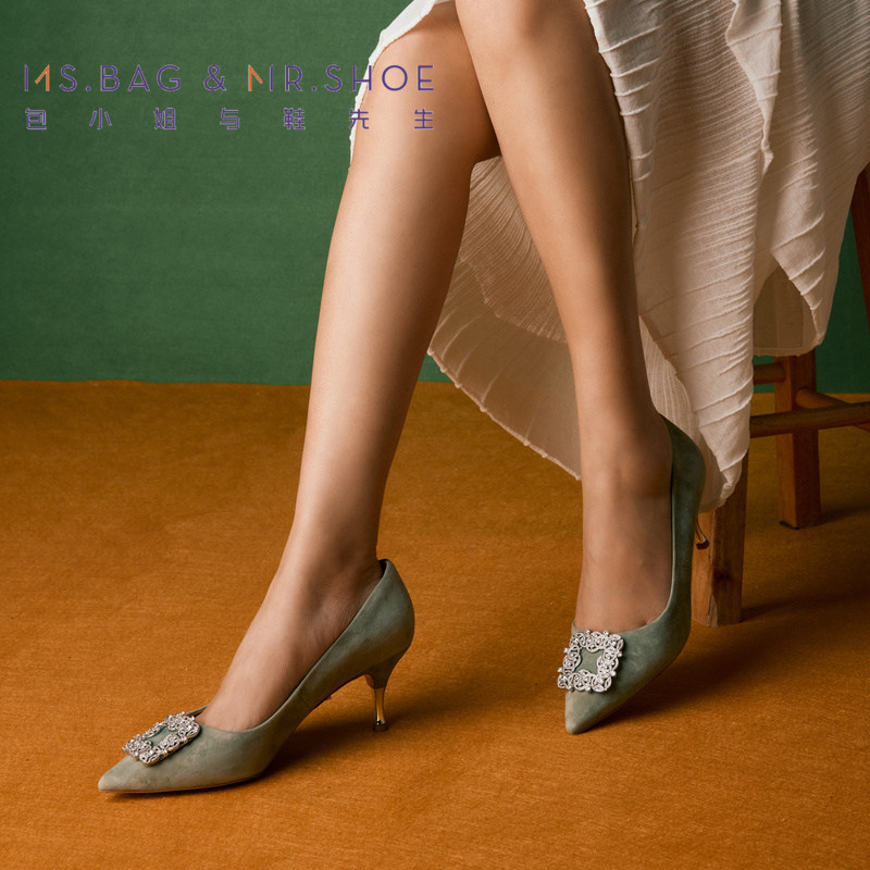 包小姐与鞋先生春季疗愈罗勒绿优雅浅口高跟鞋女241018,淘宝优惠券,粉丝福利购,淘宝优惠卷
