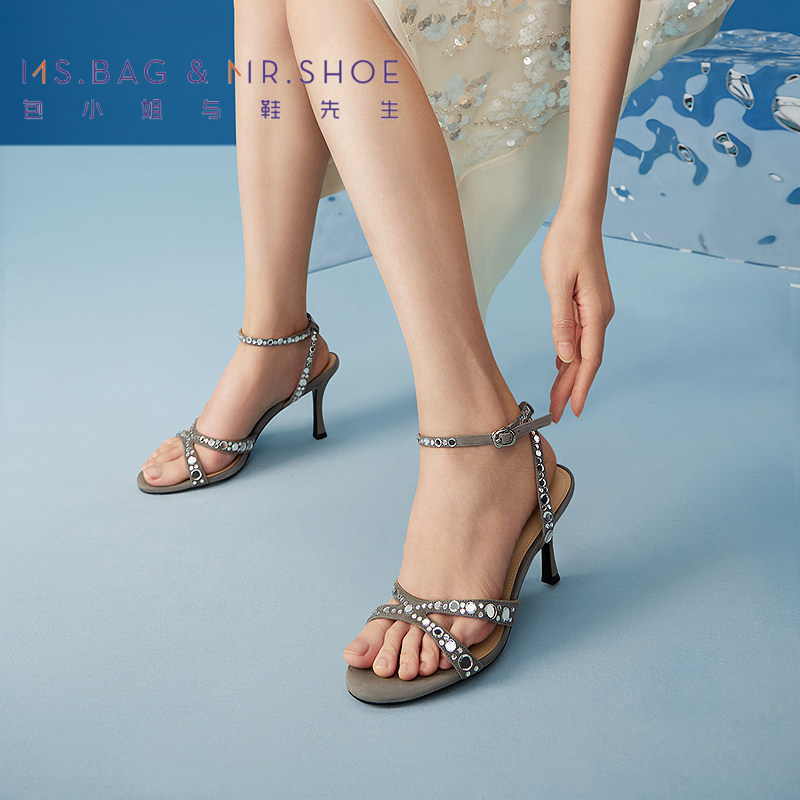 包小姐与鞋先生夏季细带绒面闪耀烫钻细跟凉鞋女252426,淘宝优惠券,粉丝福利购,淘宝优惠卷